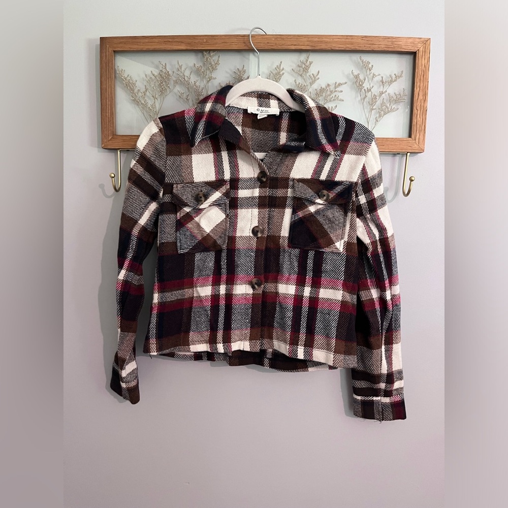 C By One. Cropped Plaid Button Up Jacket.